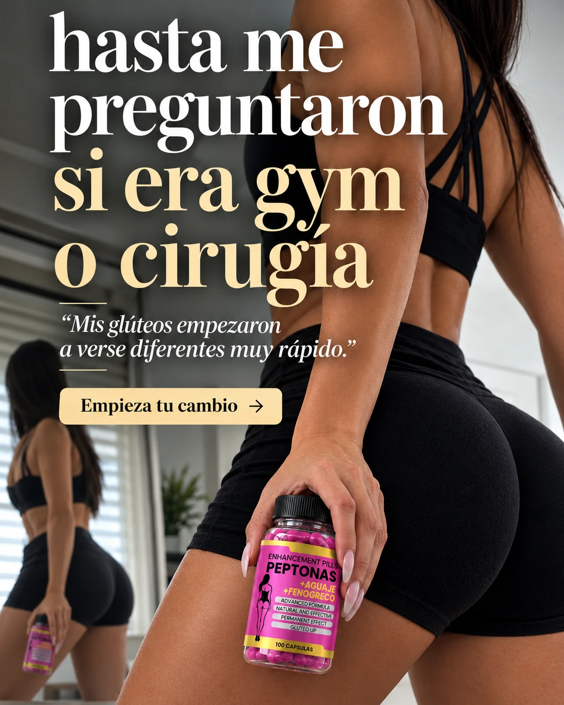 Mujer sosteniendo el frasco de Peptonas frente a un espejo